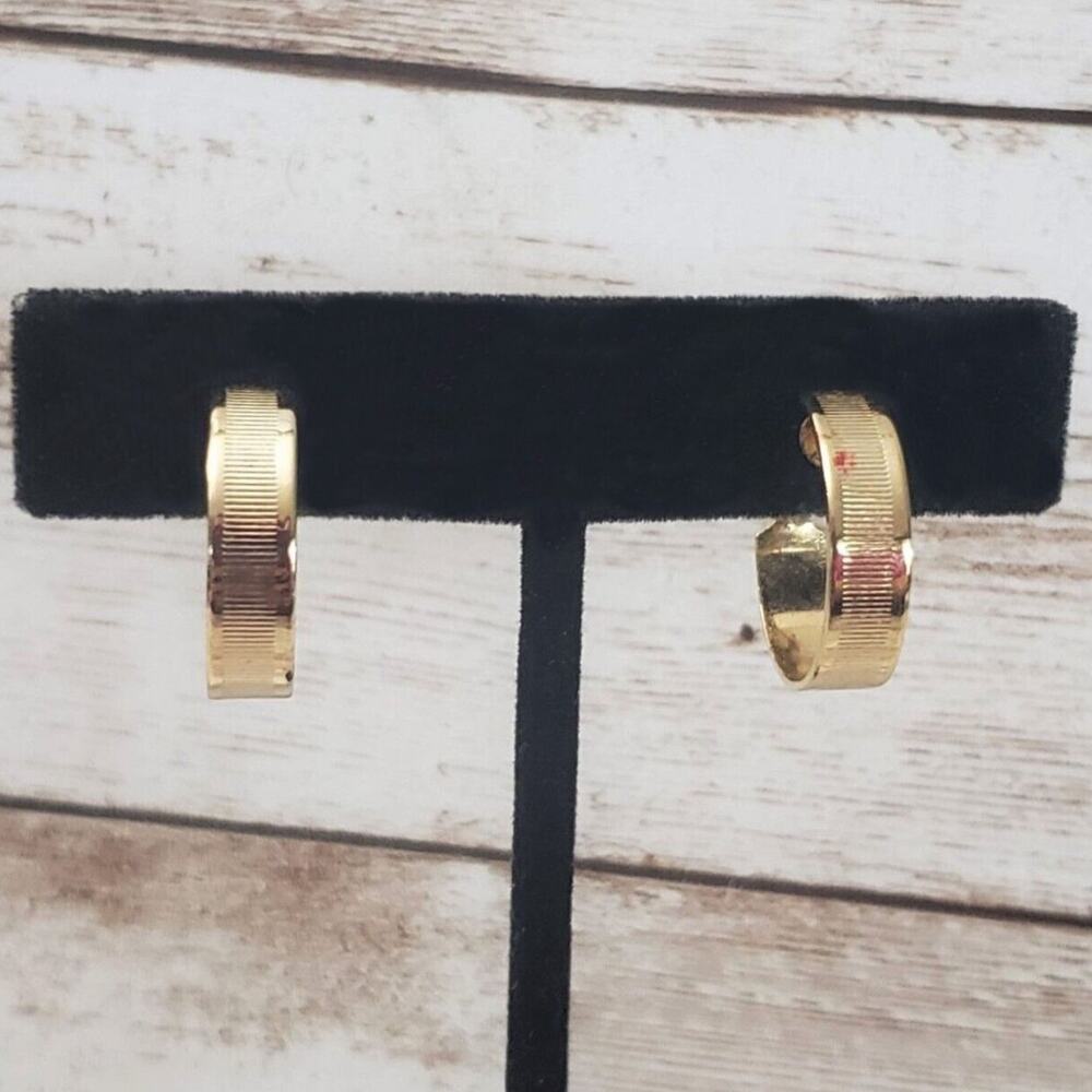 Vintage Clip On Earrings Gold Tone Hoop With Line Detail 0.75" - Cosmetic Issues